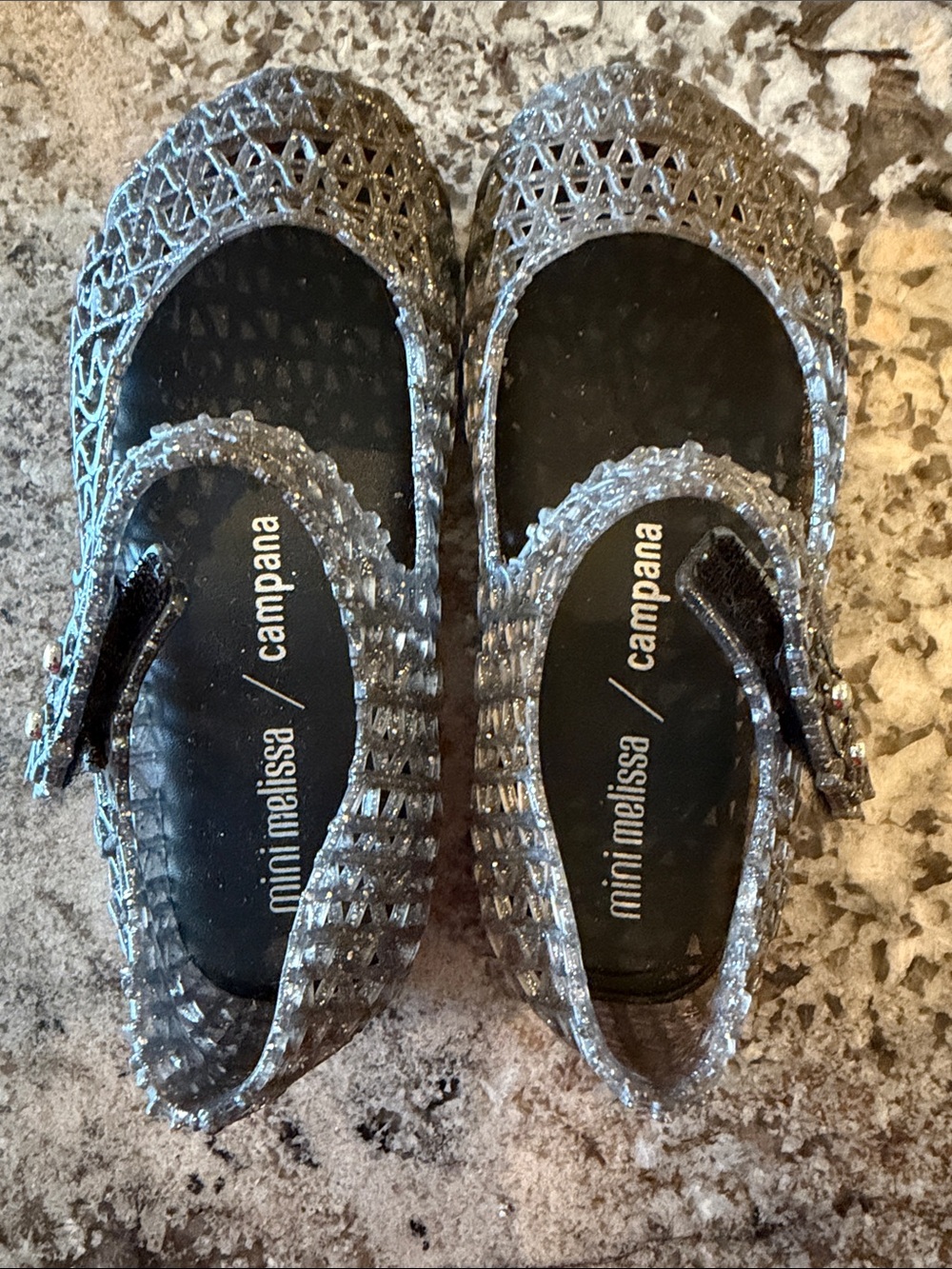 Mini Melissa Campana Black Glitter Jelly Mary Jane Sandals